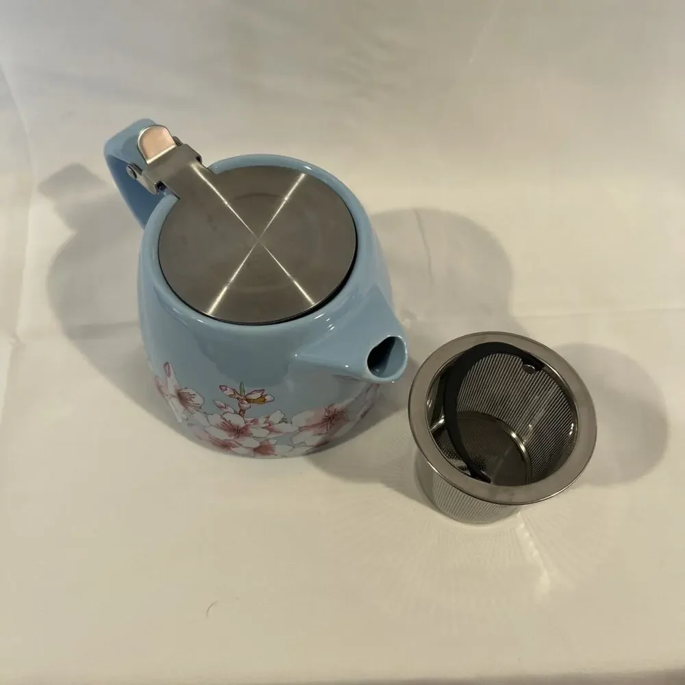 Teapot for One with Tea Infuser, Blue with Pink Flowers 16 ounce